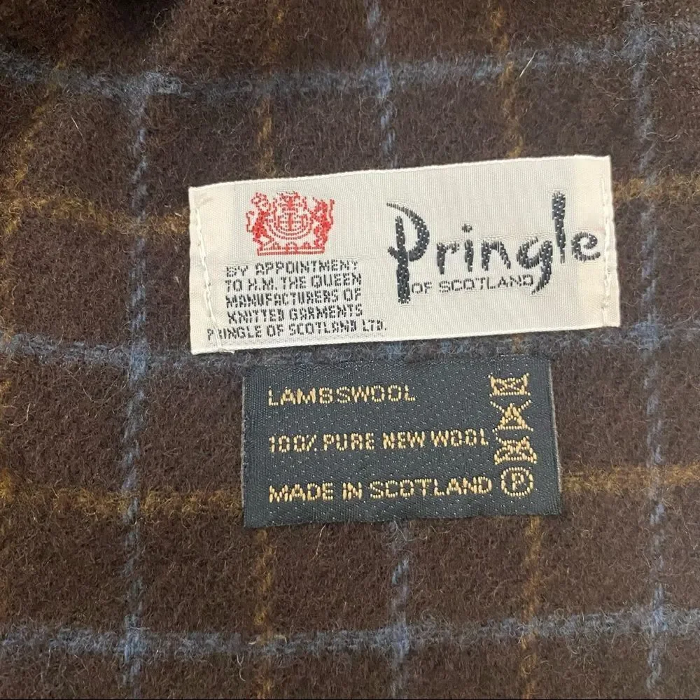 Pringle Of Scotland vintage 100% pure new lamb wool brown plaid scarf muffler